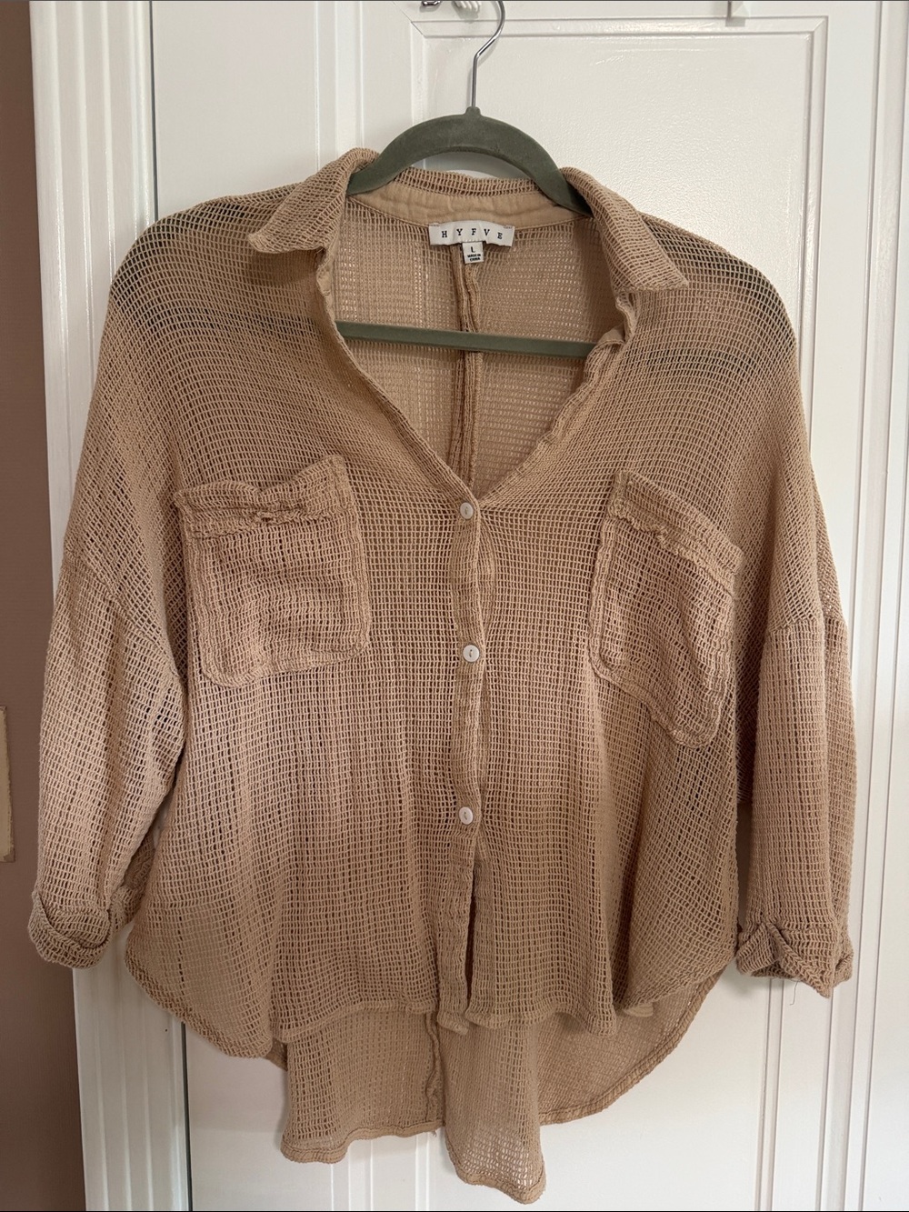 Lightweight Beige Button-Front Knit Shirt -